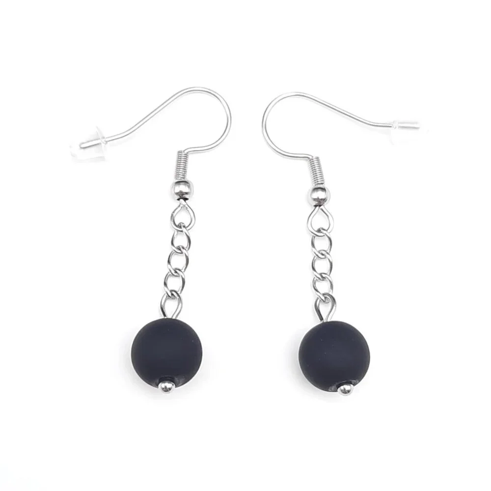 Matte Black Minimalist Dangle Drop Goth Beaded Chain Earrings Handmade Jewelry - Picture 2 of 7